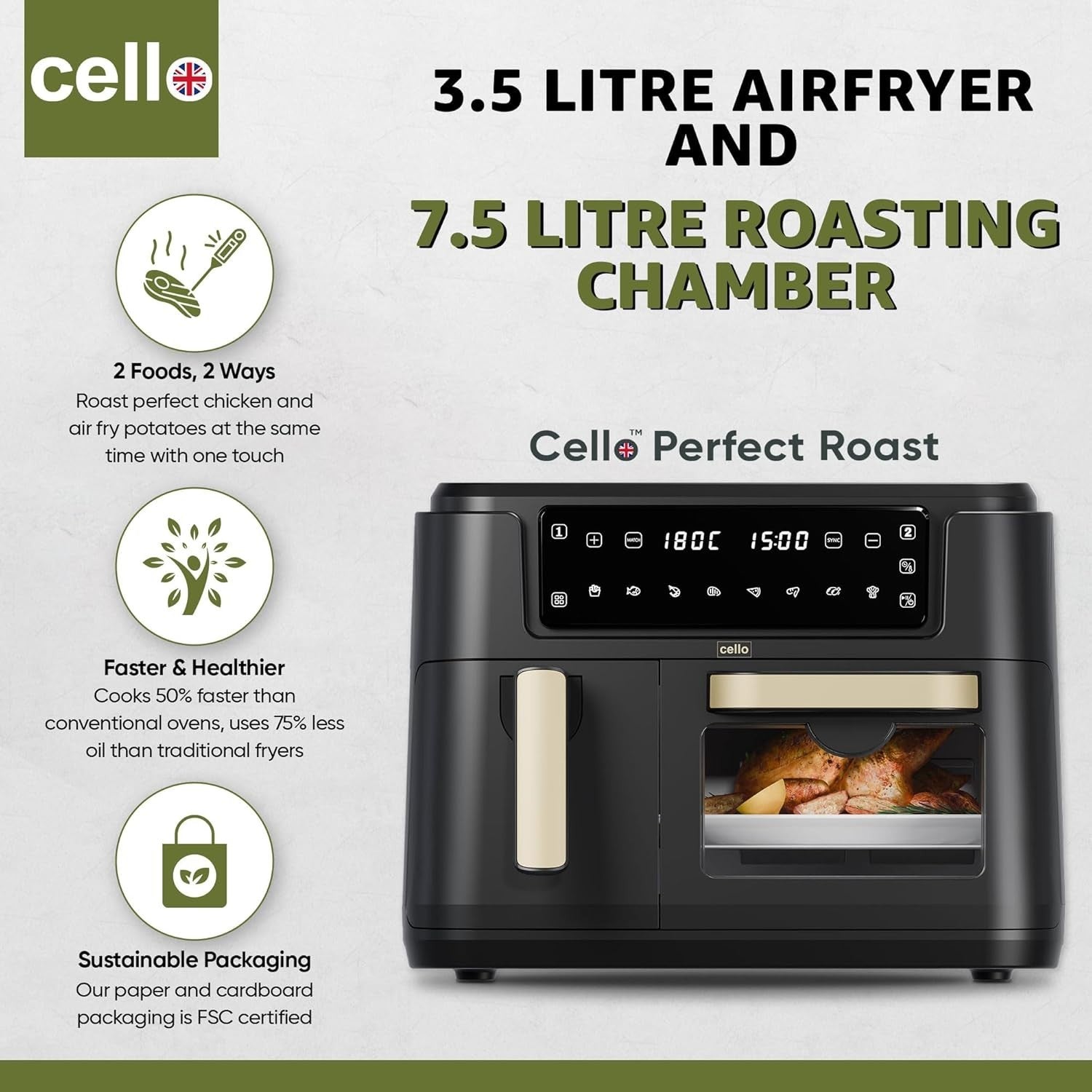 11L Dual Zone Air Fryer 2400W | 3.5L + 7.5L Drawers | 8-in-1 | Sage Black