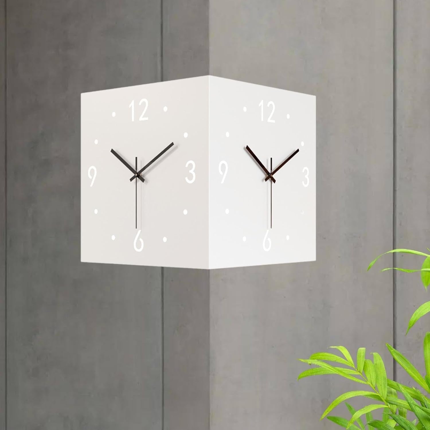 Double Sided Corner Wall Clock Modern Silent Cube Design for Hallway Office