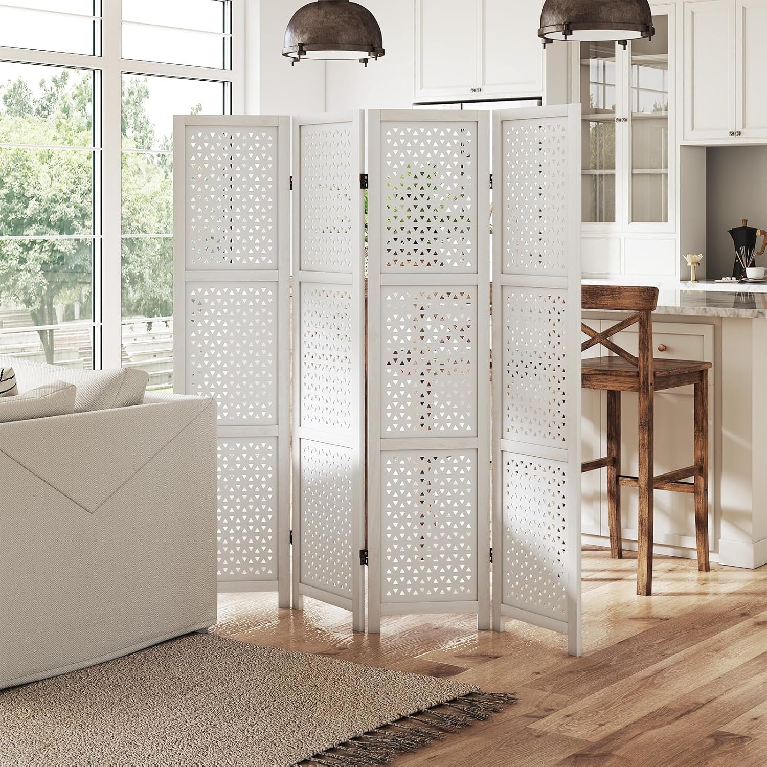 4 Panel White Carved Wood Room Divider Decorative Privacy Screen 170cm High