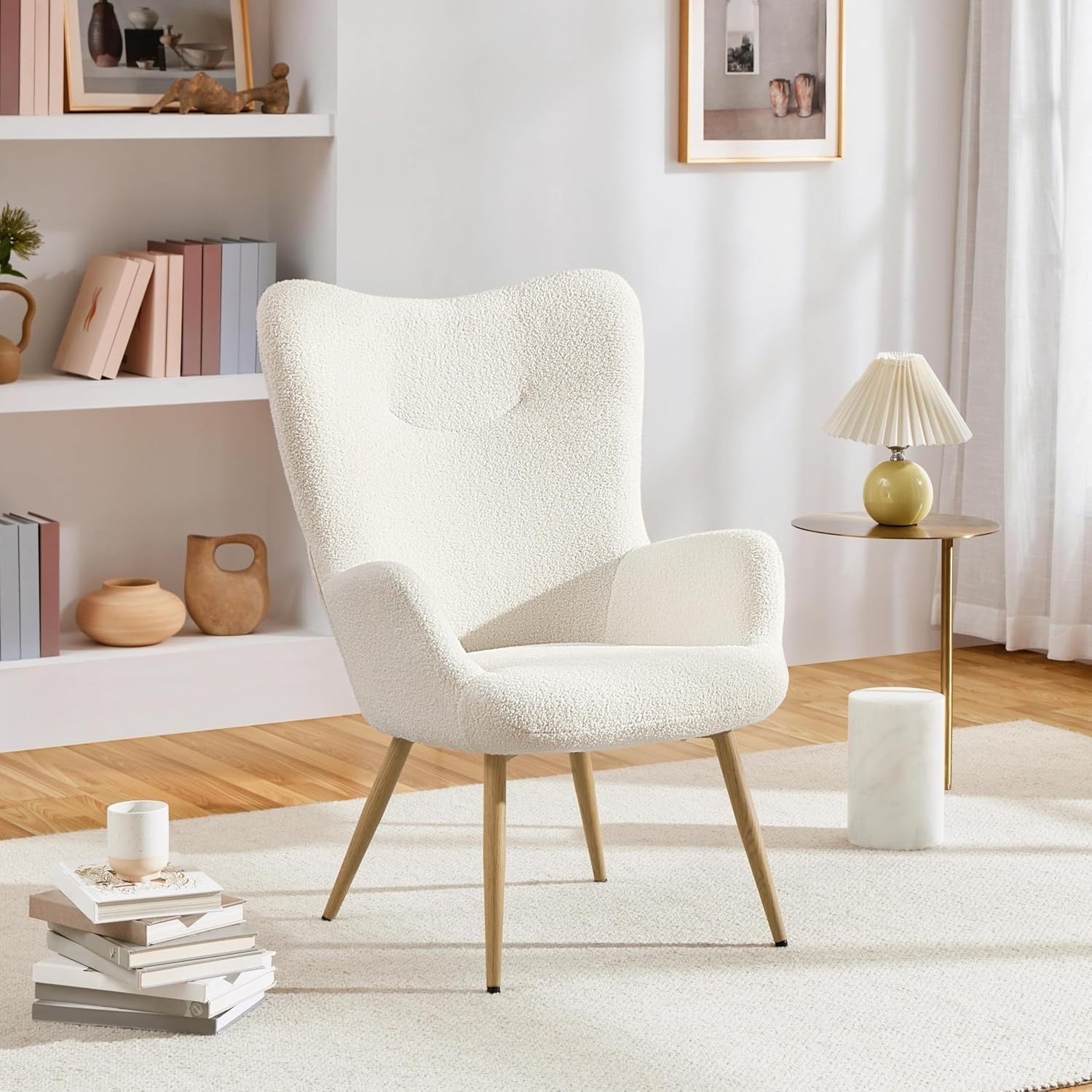 Cozy Sherpa Fuzzy Tub Chair with High Back & Wooden Legs for Living Room