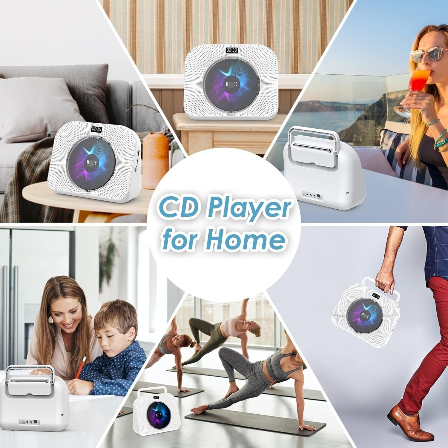 Bluetooth CD Player FM Radio USB TF AUX Sleep Timer Remote White