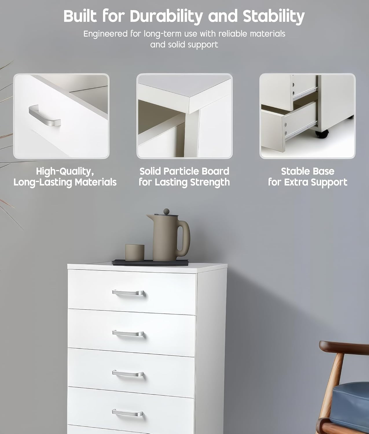 White Mobile Filing Cabinet 5 Drawer 75cm Rolling Office Storage