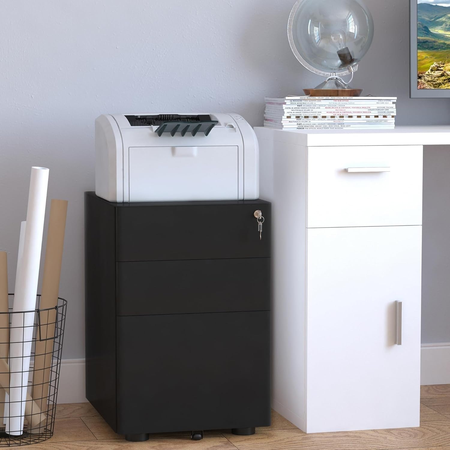 Black 3 Drawer Mobile Filing Cabinet Lockable Steel A4 Letter Office Storage