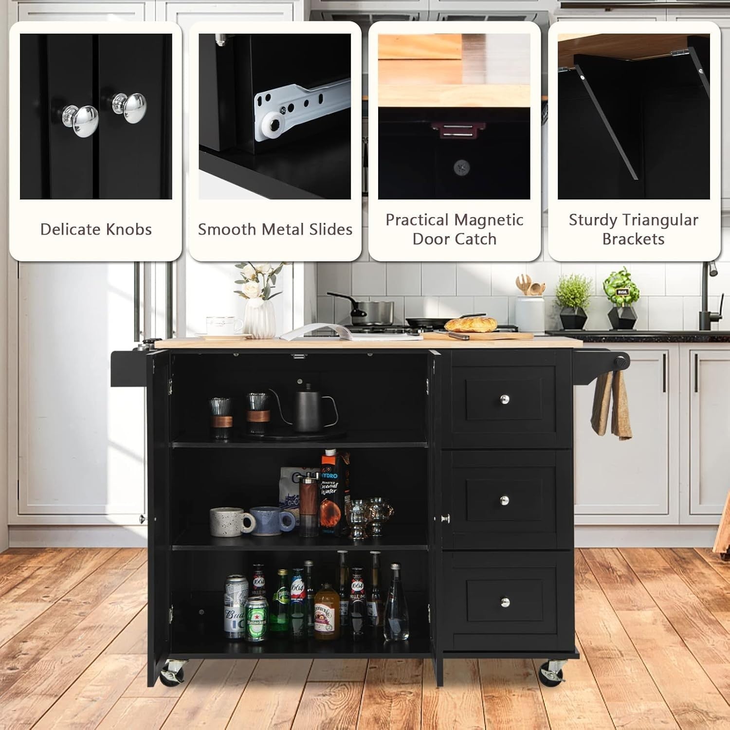 Rolling Kitchen Island Cart with Extendable Top, 3 Drawers & Shelves