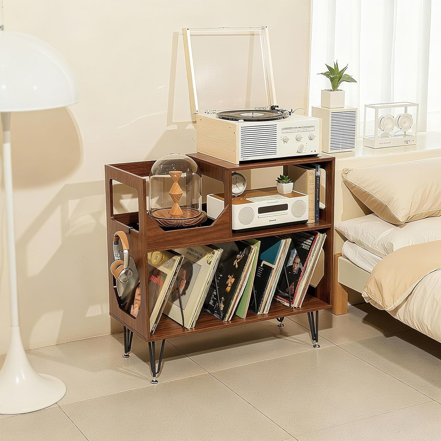 Record Player Stand Vinyl Storage Cabinet Holds 370 Albums Walnut