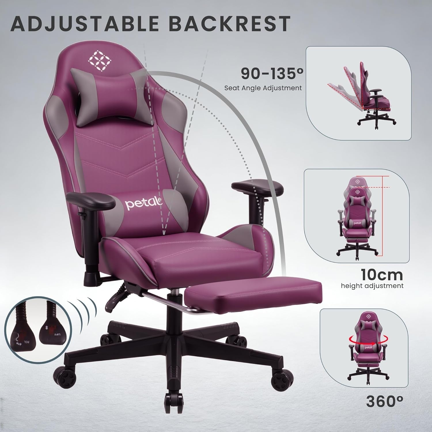 Ergonomic Gaming Chair Recliner w Footrest Lumbar Support Purple