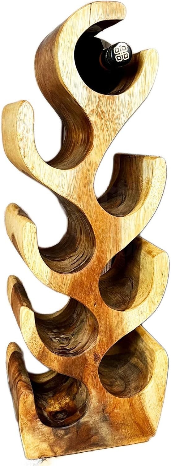Rustic Teak Wood Wine Rack Tree Design Holds 8 Bottles Floor Standing 106cm