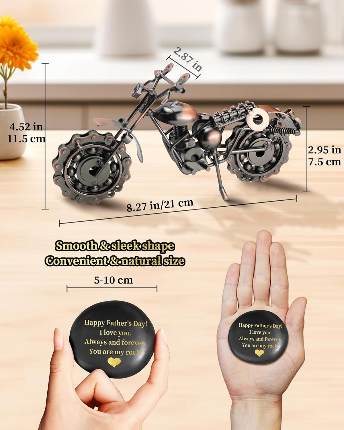 Retro Motorcycle Desk Ornament with Message Rock – Unique Gift for Dad or Him