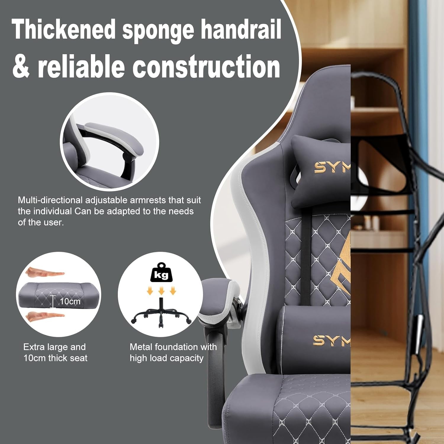 Ergonomic Gaming Chair w/ Footrest Recliner PU Leather Grey Grey White