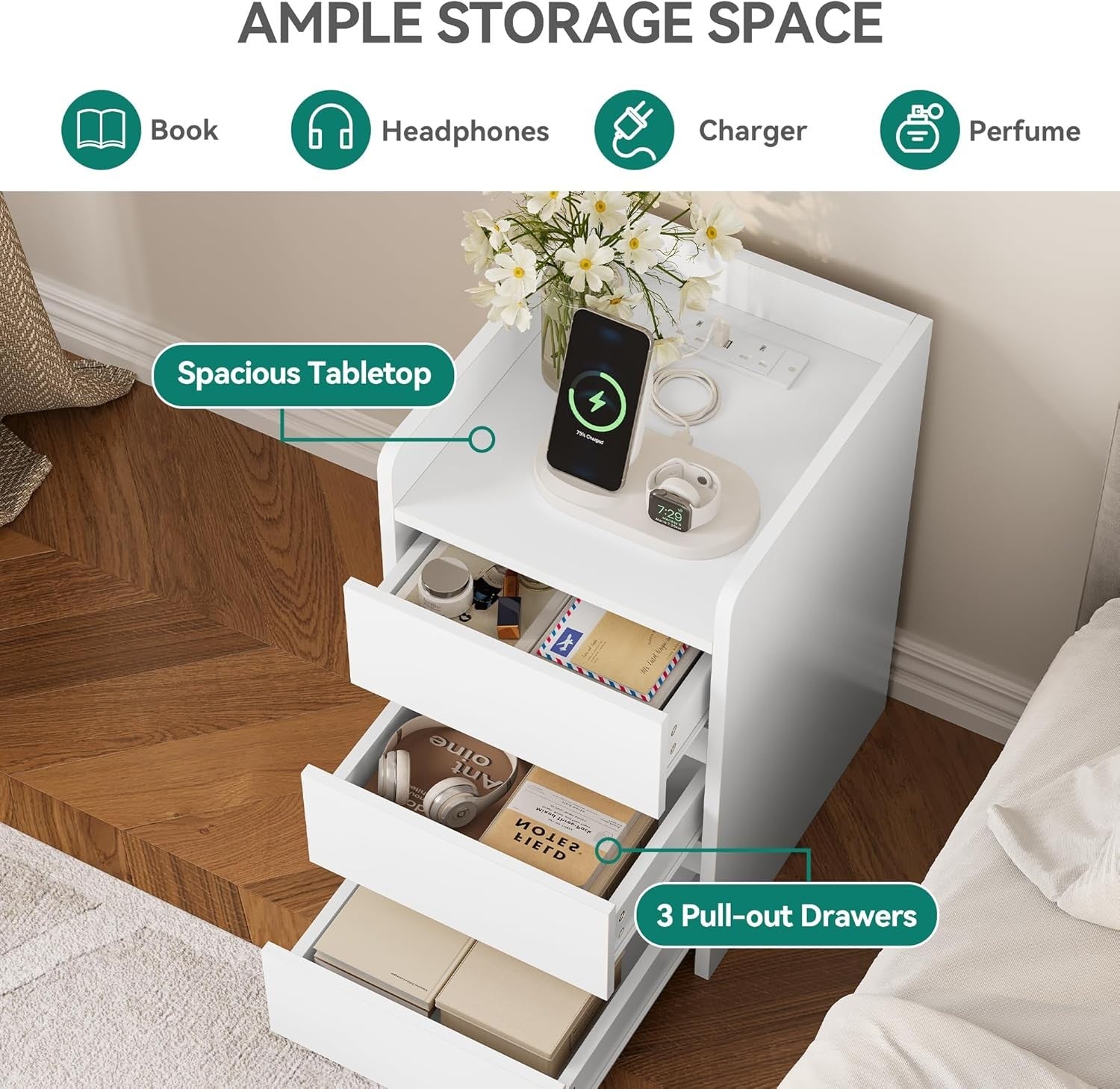 White Bedside Table with 3 Drawers & Power Station | Modern Nightstand 35×59cm