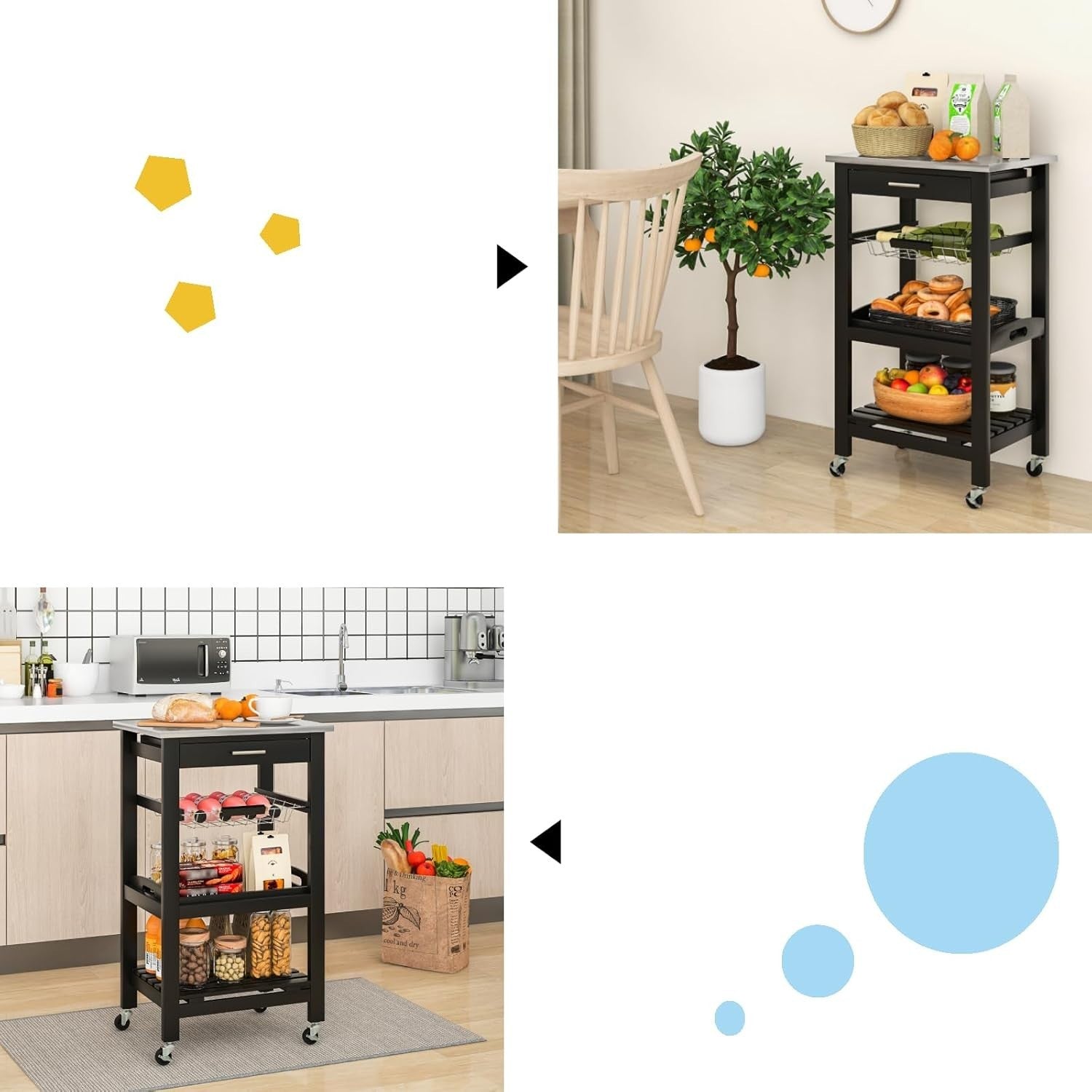 4 Tier Kitchen Trolley Stainless Steel Top Cart Black