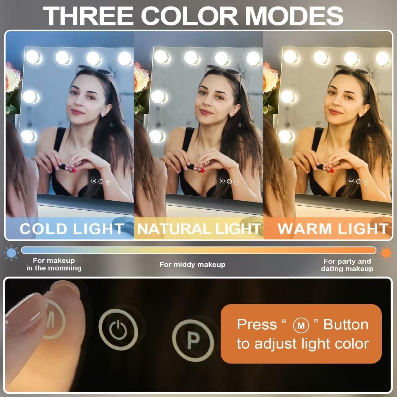 LED Makeup Mirror 50x40cm with 3 Light Modes, 10X Magnifier, Touch Control