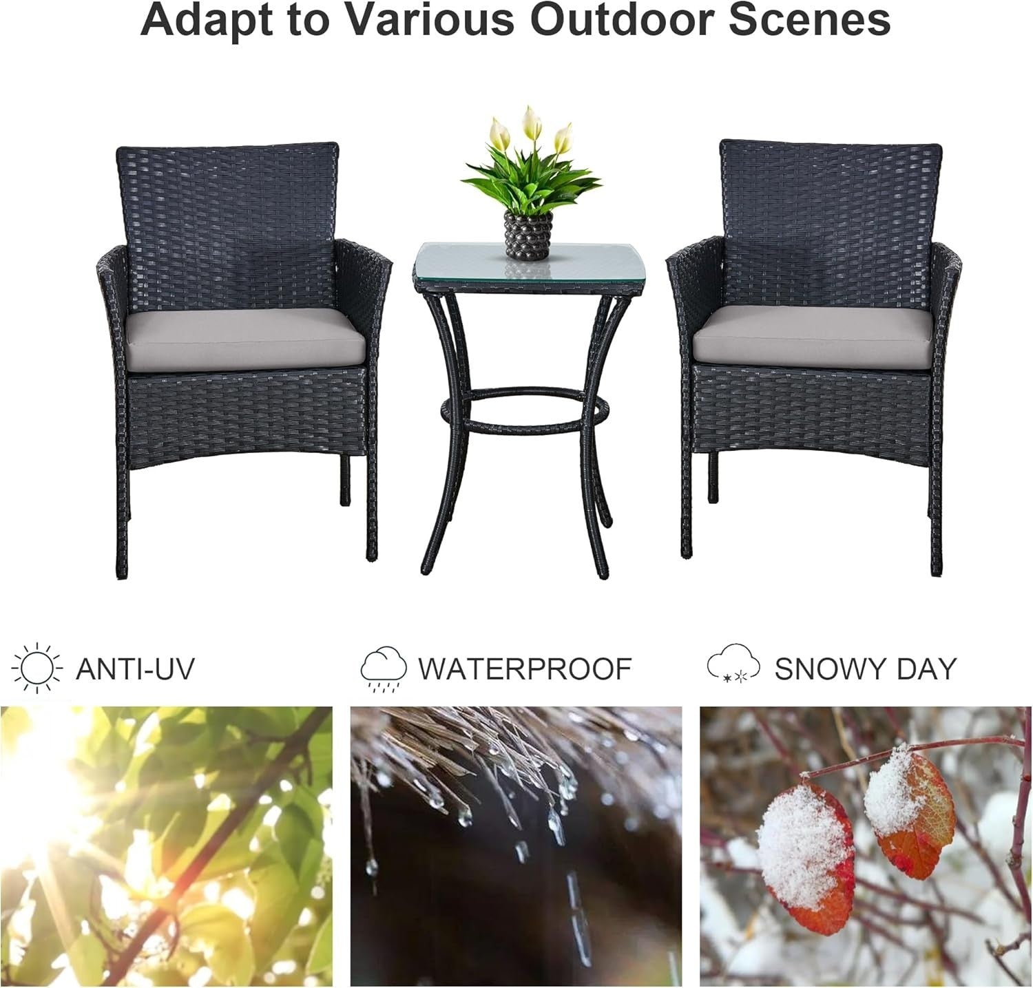 3pc Rattan Bistro Set Balcony Garden Chairs Glass Table Patio Outdoor Seating