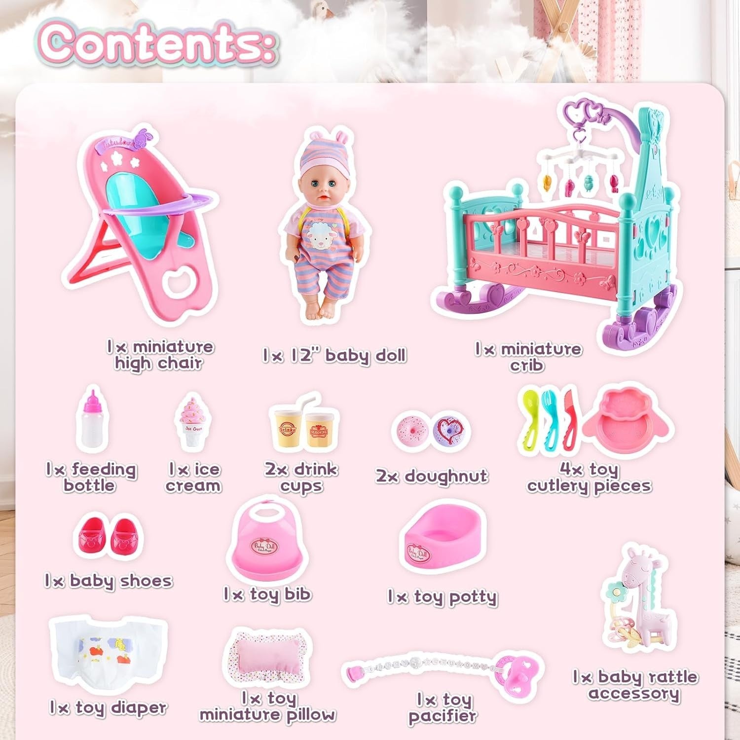 My First Baby Doll Playset w Crib High Chair Feeding Accessories