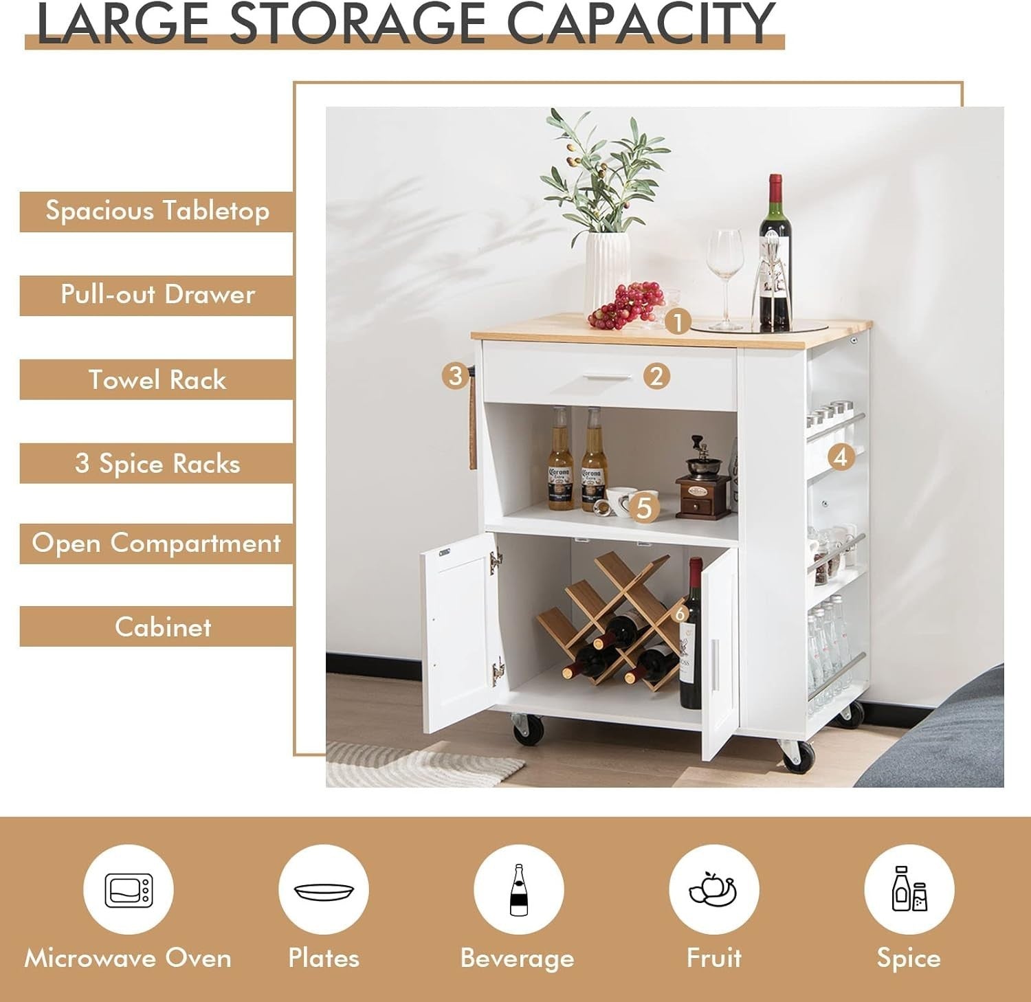 Mobile Kitchen Island Cart with Drawer, Cabinet, 3 Spice Racks & Wheels