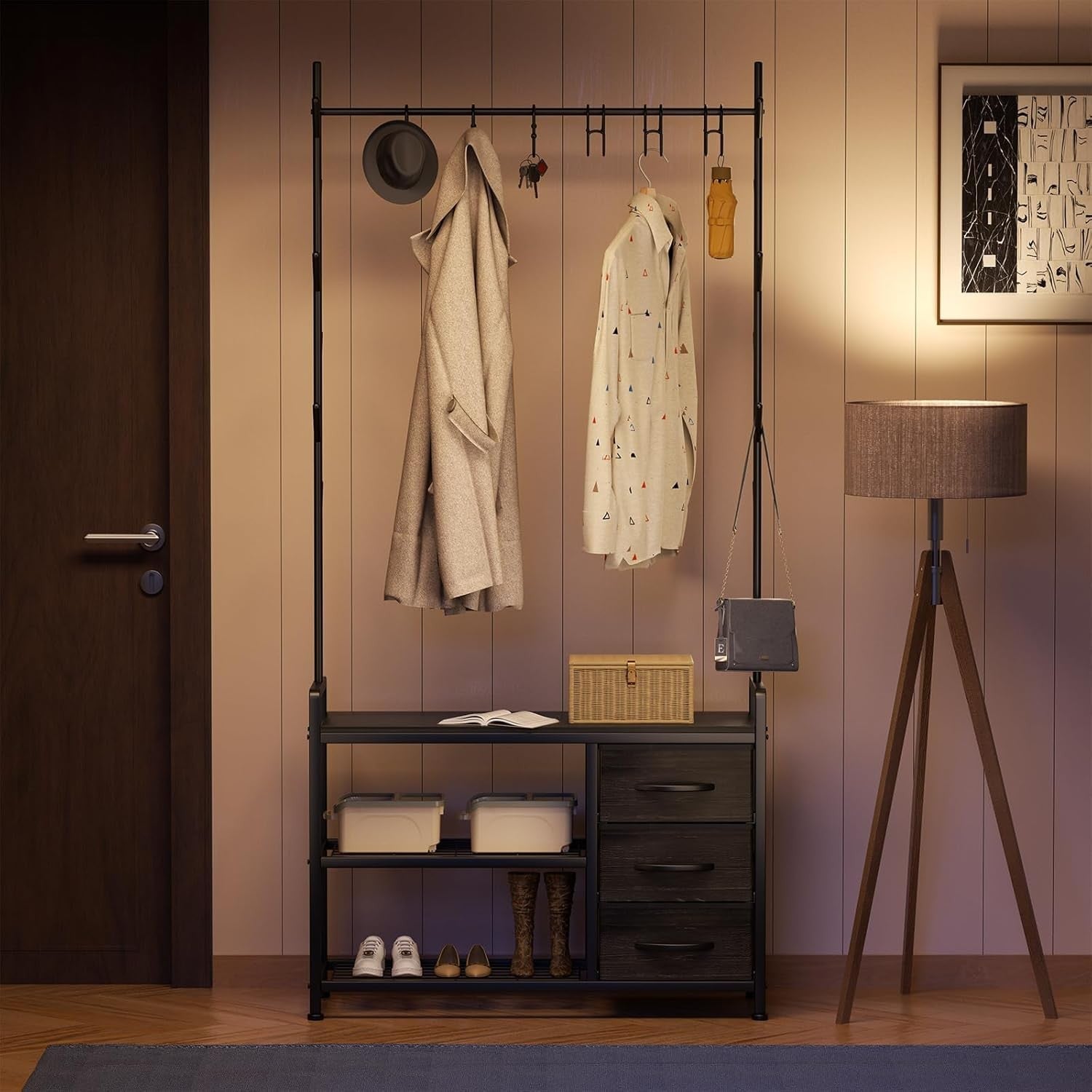 Industrial Coat Rack with Drawer & Shelves | Hall Tree Stand with 6 Hooks