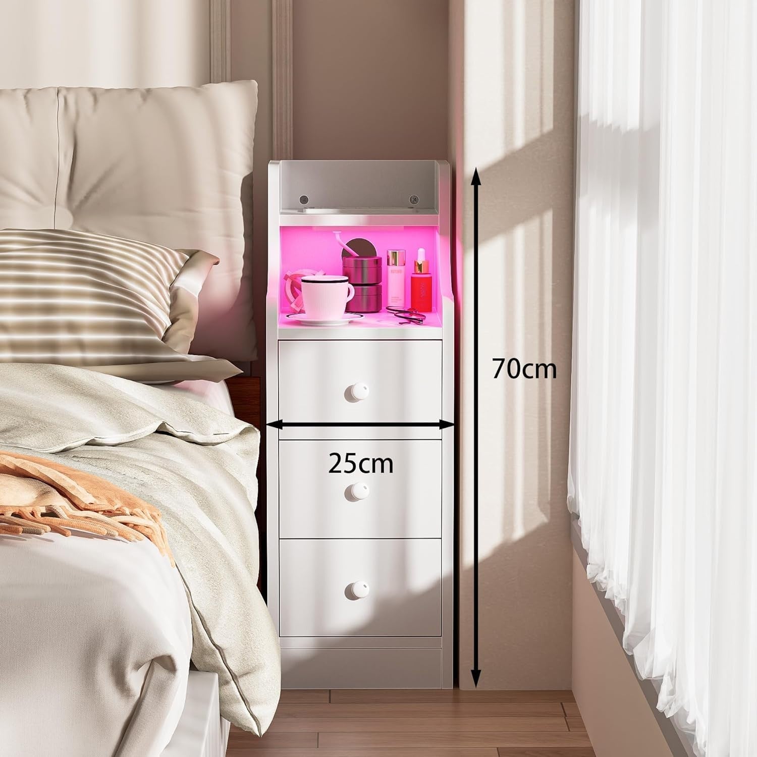 Slim White Bedside Table with RGB LED Lights & Charging Station | 3 Drawer