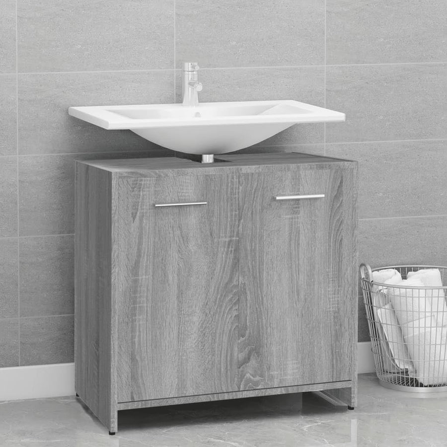 Grey Oak Under Sink Bathroom Cabinet – 2 Door Storage Unit 60cm Floor Standing