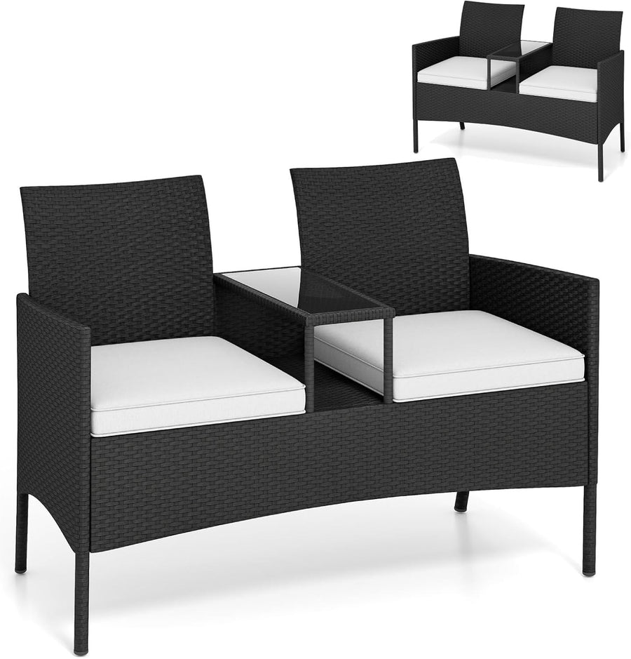 2 Seater Outdoor Rattan Sofa with Glass Table Patio Garden Love Seat Beige