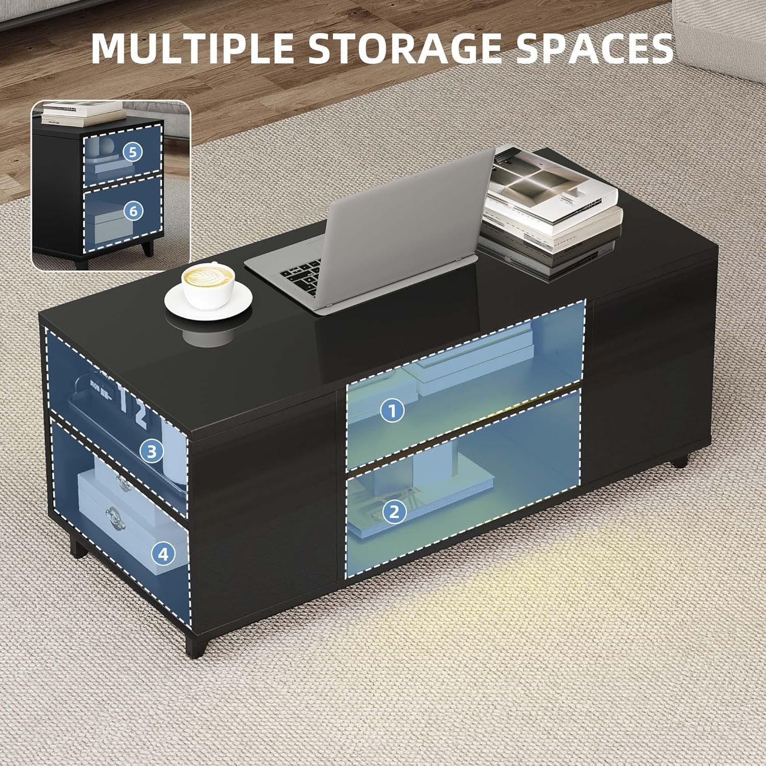 High Gloss Black Coffee Table with Storage & RGB LED Light, 97.5x48x45cm