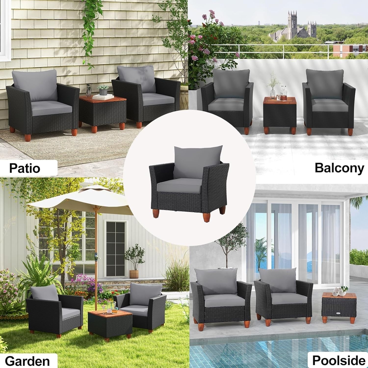 3 Piece Rattan Bistro Set Garden Patio Chairs with Storage Table Cushions