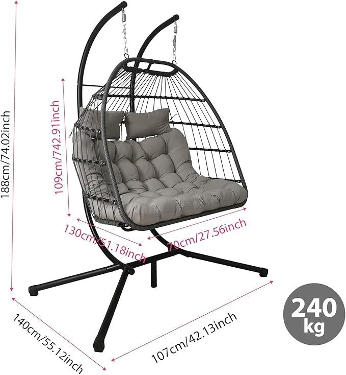 Double Egg Chair Rattan Hanging Swing w/ Stand & Cushions Indoor Outdoor 240kg