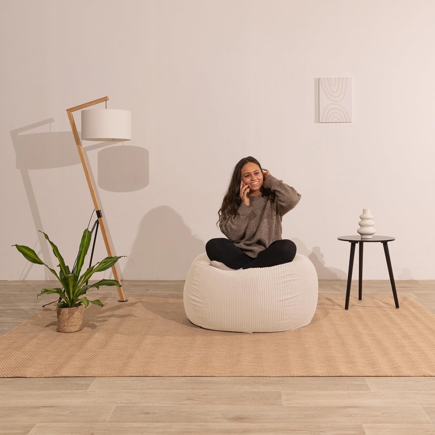 Comfortable Foam Filled Corduroy Bean Bag Chair for Adults & Kids - Off White