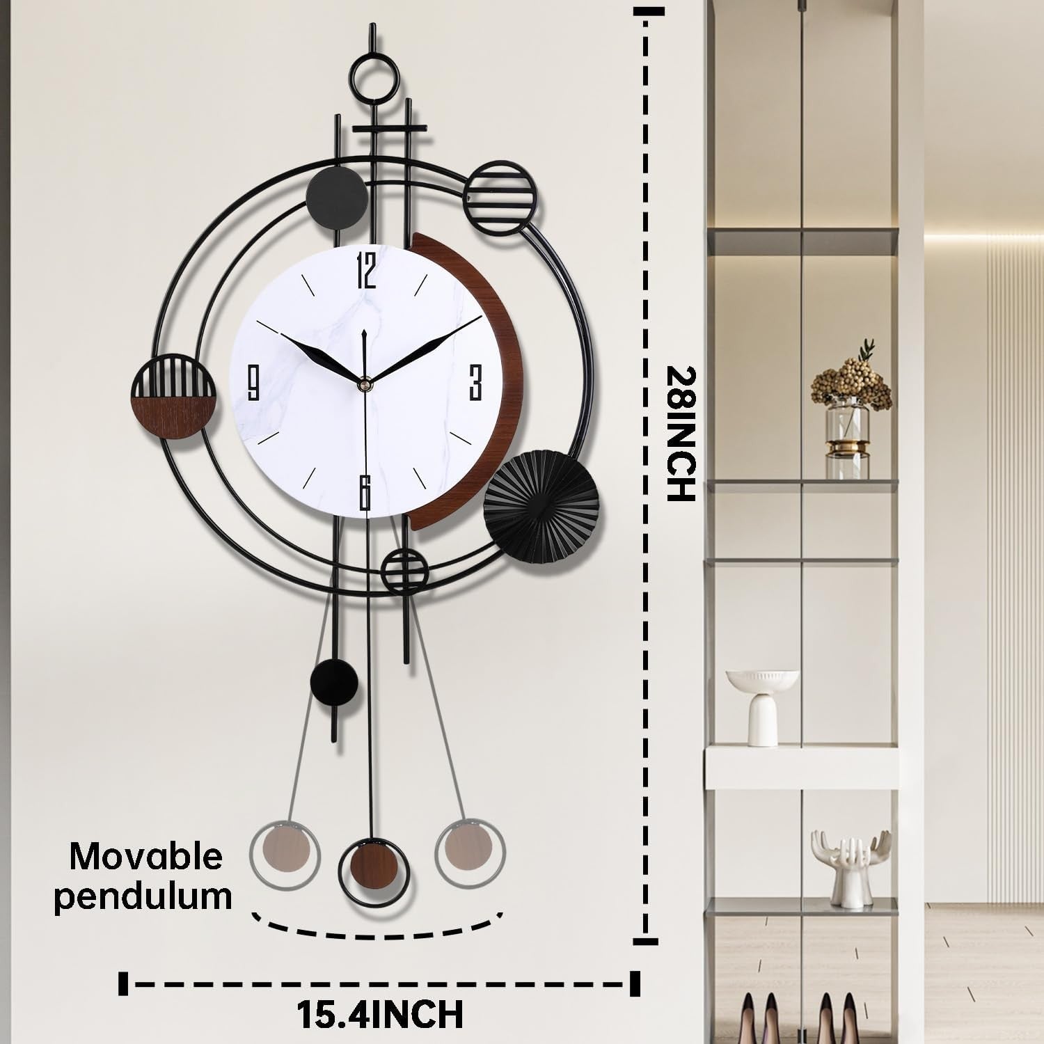 37×71cm Black Pendulum Wall Clock – Silent Quartz Modern Large Decorative Design