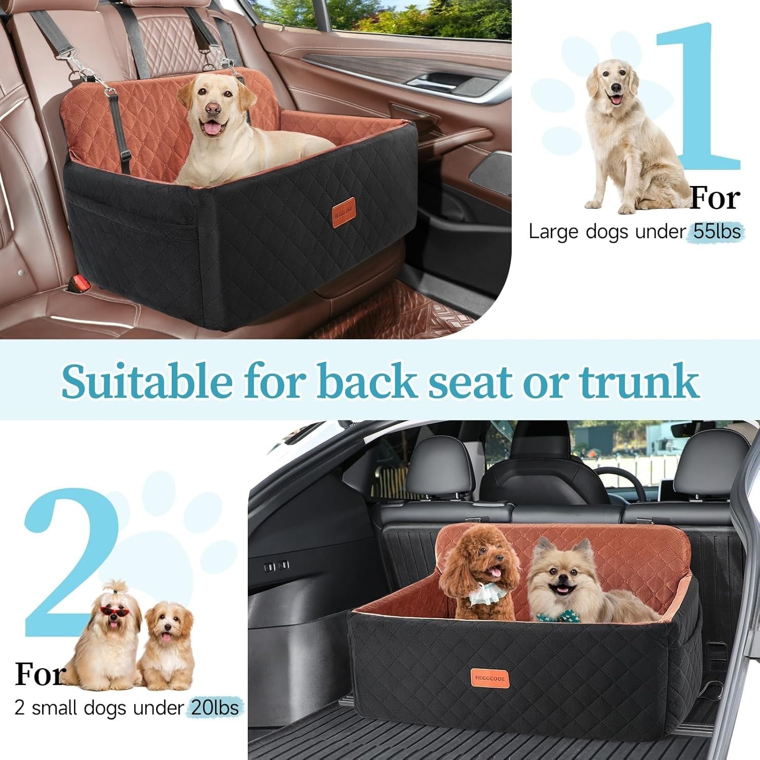 Large Dog Booster Car Seat Washable Travel Bed 55lb w 2 Leashes