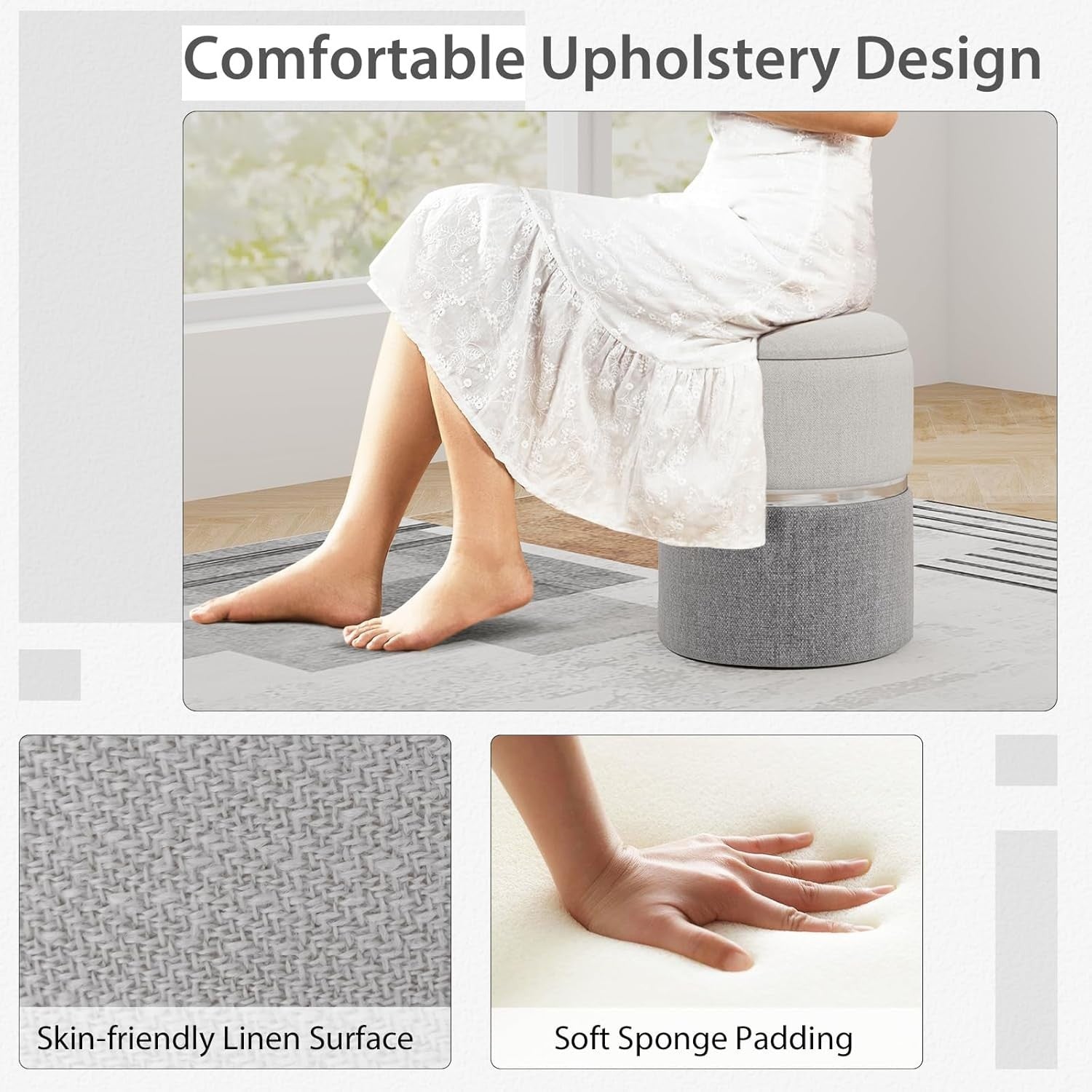 Beige & Grey Nesting Linen Storage Ottomans Set of 2 Round Footstools