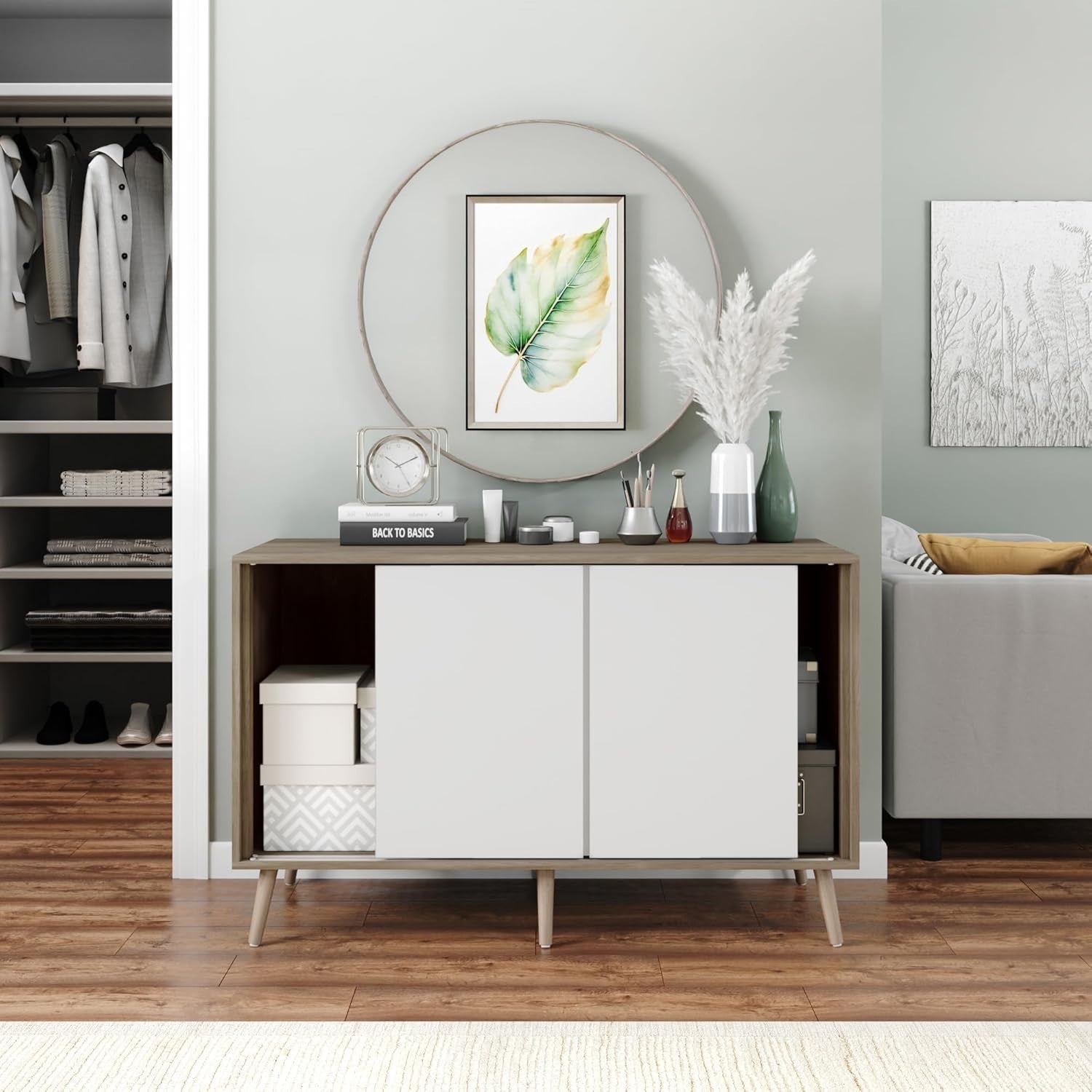 Modern Sideboard Cabinet Oak White | Sliding Doors Storage Unit 3 Door