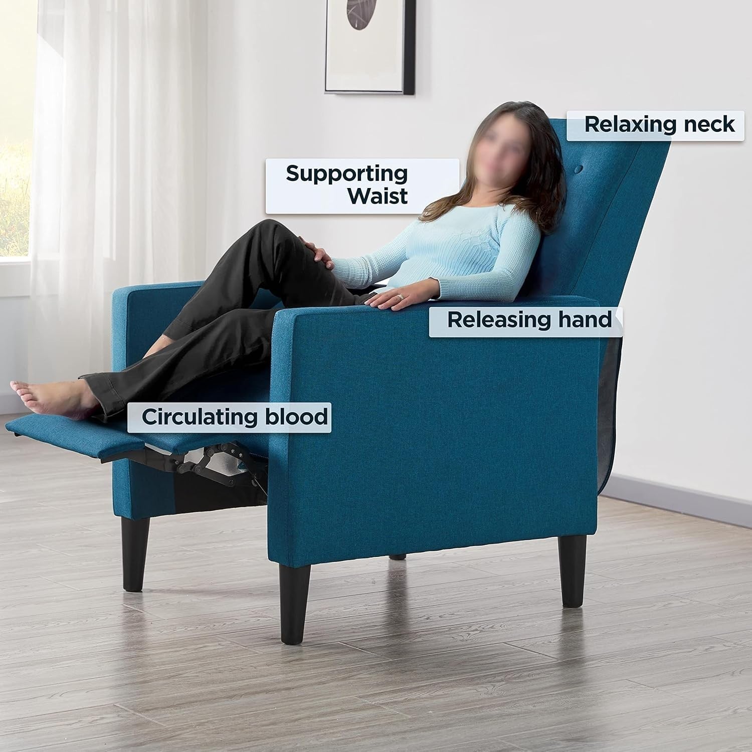 Blue Fabric Recliner Chair Adjustable Padded Seat Sofa Living Room Couch