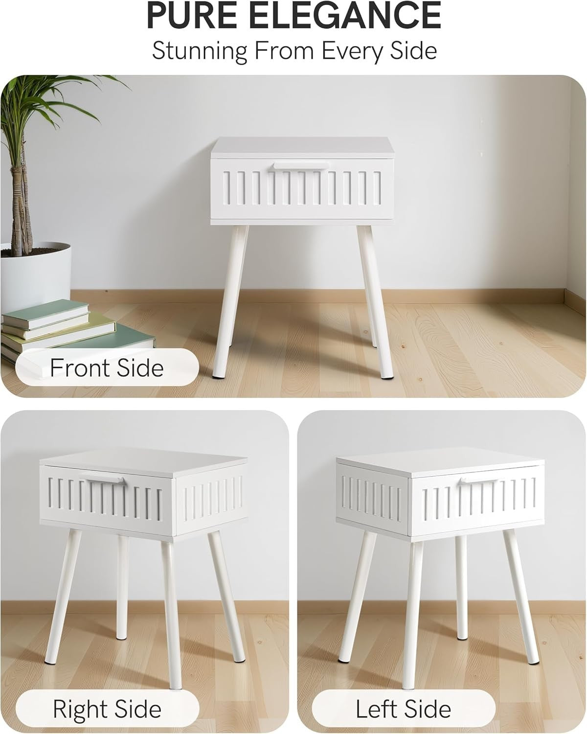 Modern White Bedside Tables Set of 2 with Drawer, Solid Wood Legs 50x45x16cm