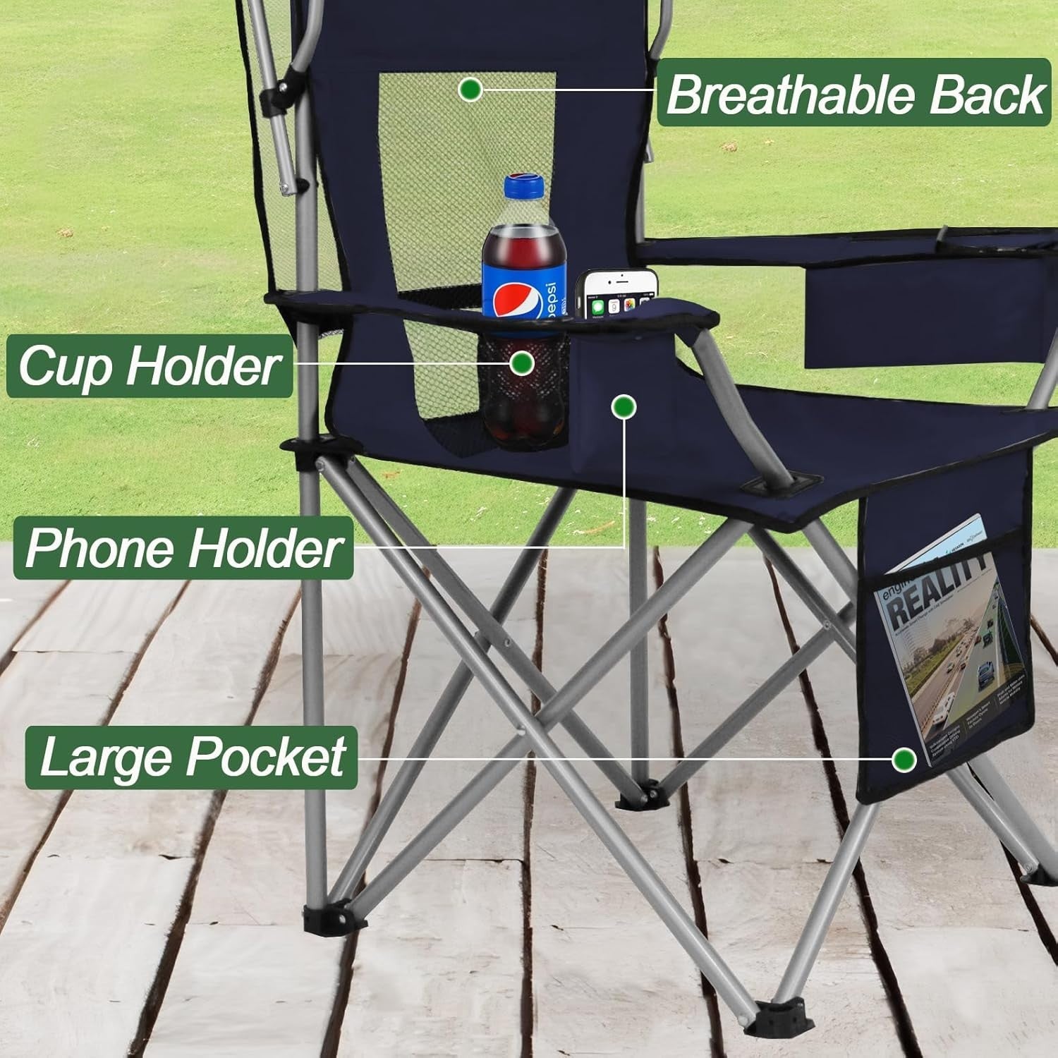 Foldable Beach Camping Chair with Canopy Shade, Cooler Bag & Cup Holders