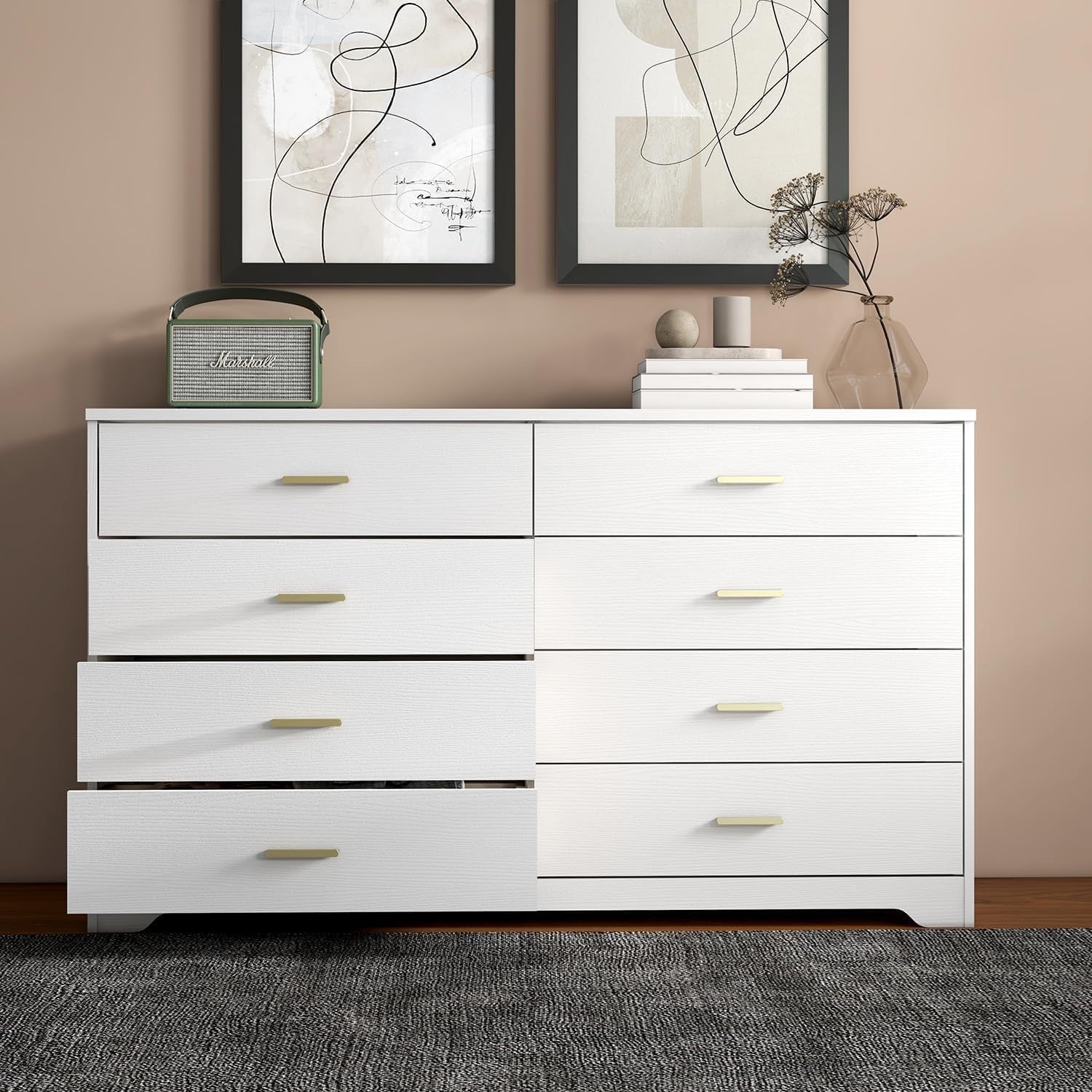 White 8 Drawer Wide Chest Storage Dresser Gold Handles Bedroom Unit