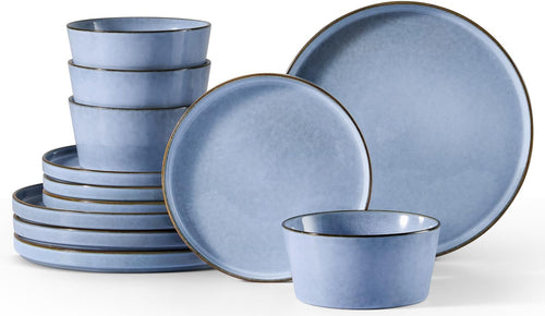 12pc Stoneware Dinner Set Blue Plates Bowls Dishwasher Microwave Safe