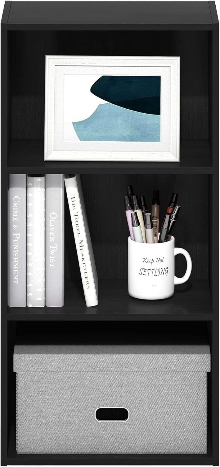 3Tier Black Wooden Bookcase Small Storage Shelf Compact Organizer Open Bookshelf