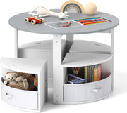 Kids Round Table & 4 Storage Stools Set with Fabric Bins for Play & Learn