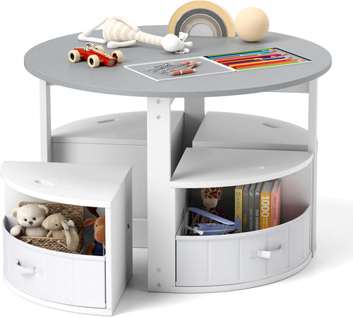 Kids Round Table & 4 Storage Stools Set with Fabric Bins for Play & Learn