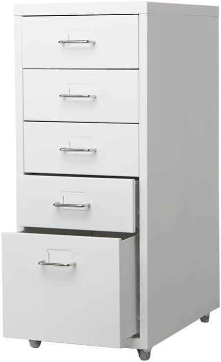 White Metal Filing Cabinet 5 Drawer on Wheels Tall Office Storage