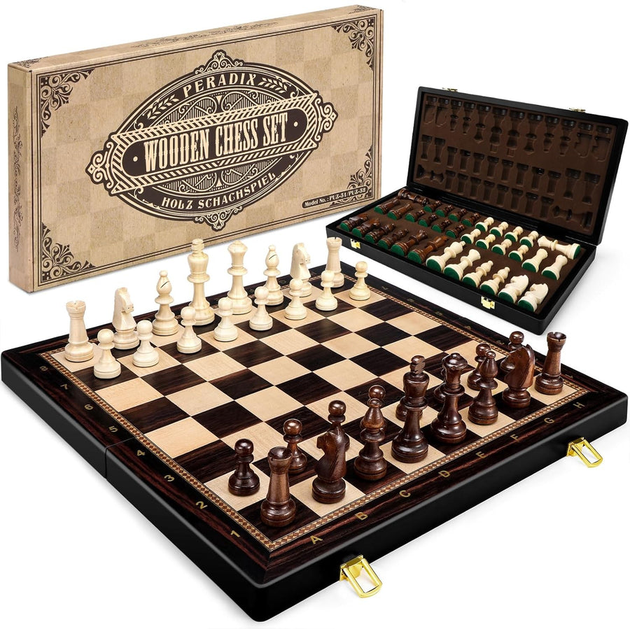 Large 19" Wooden Chess Set Foldable Board Weighted Pieces Extra Queens Classic