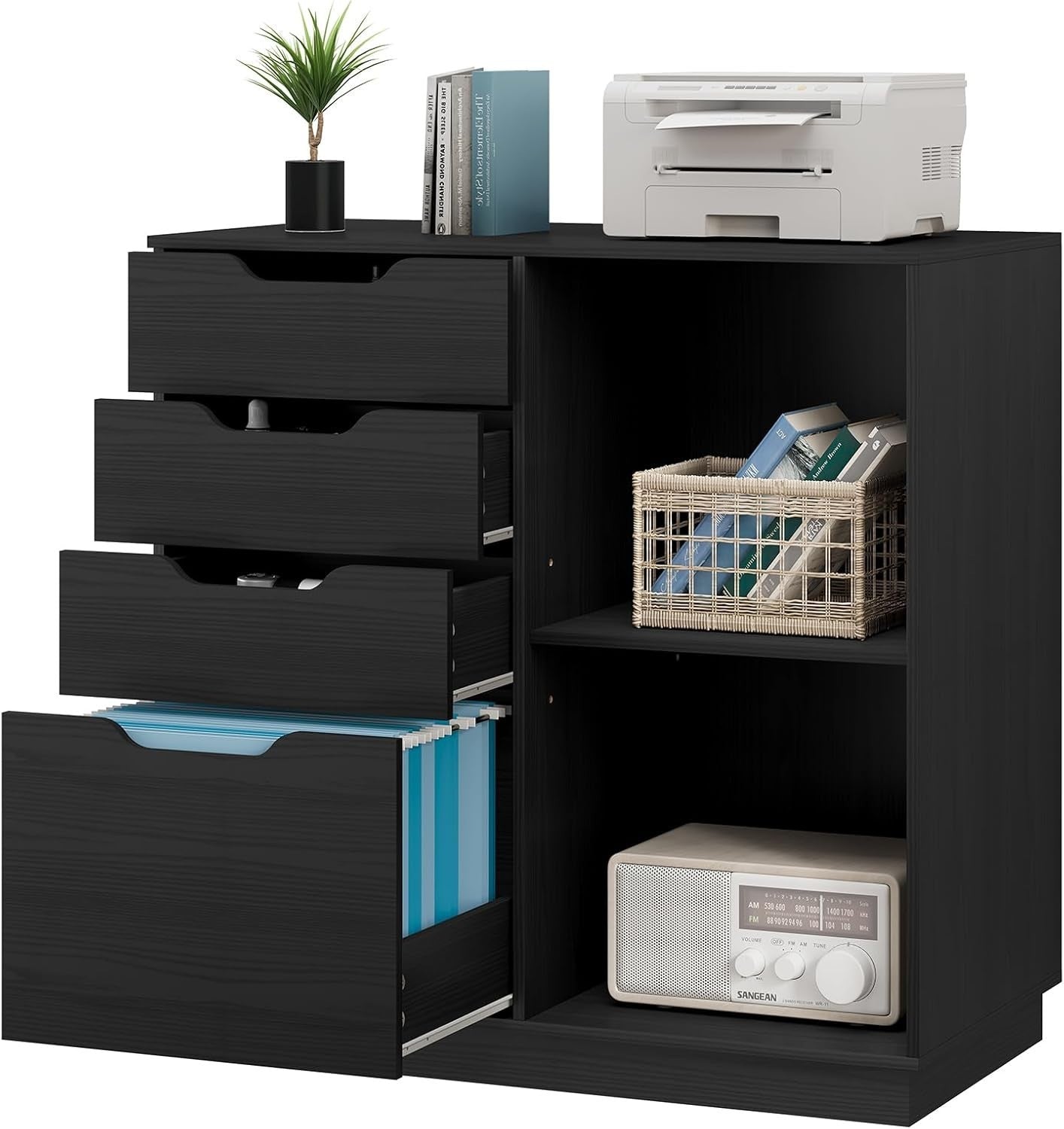 Black 4 Drawer Lateral File Cabinet A4 Letter Printer Stand Storage
