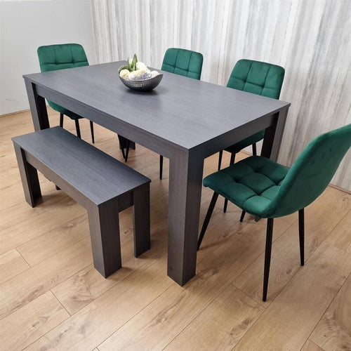Dark Grey Dining Table Set with 4 Green Chairs & Bench, 6 Seater Kitchen
