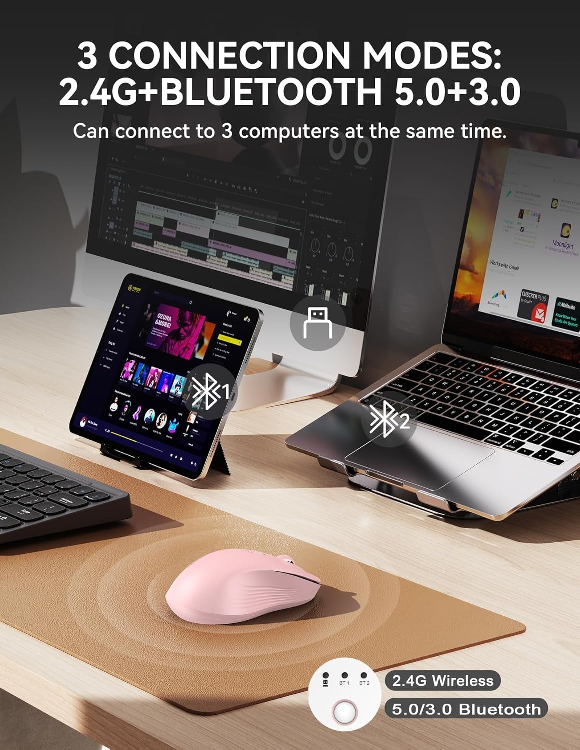Silent Wireless Mouse Bluetooth 5.0 Tri Mode 2.4G USB 4800DPI Laptop PC