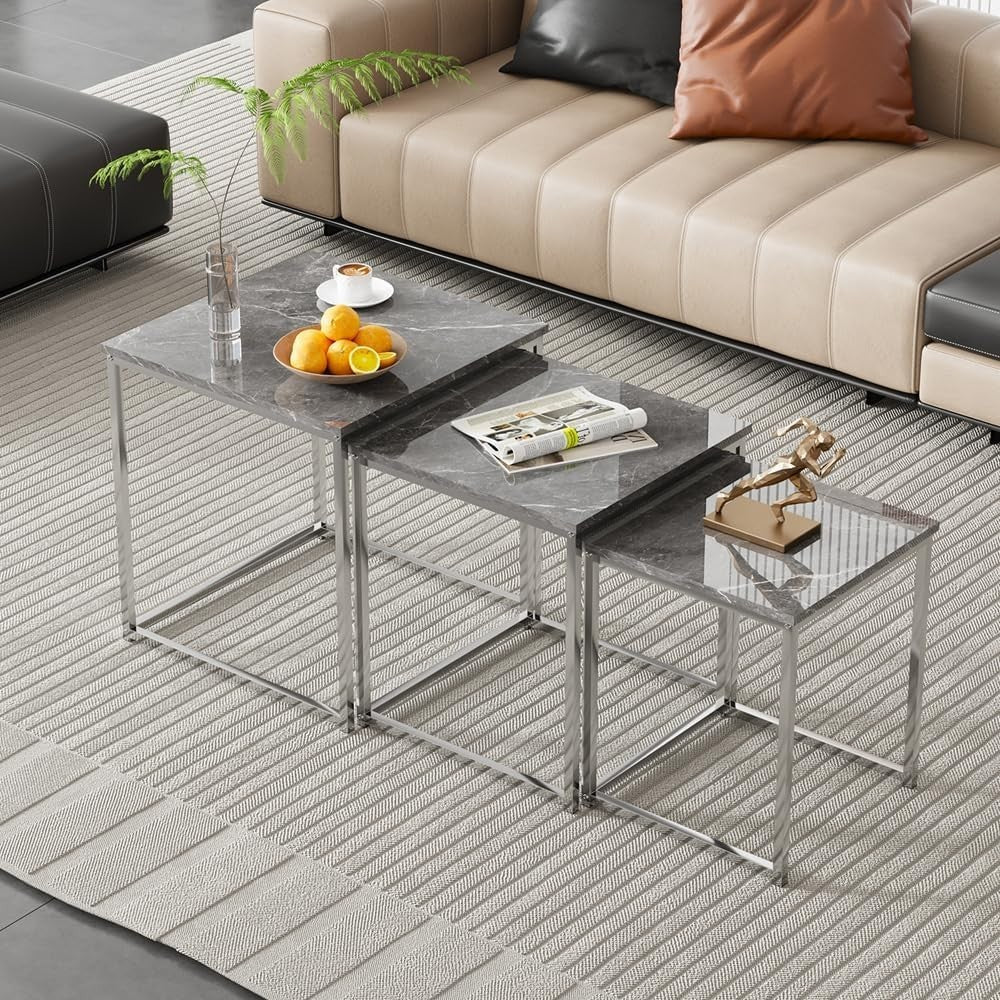 3 Nesting Coffee Side Tables Set Grey Marble Wood Square Space Saving Accent