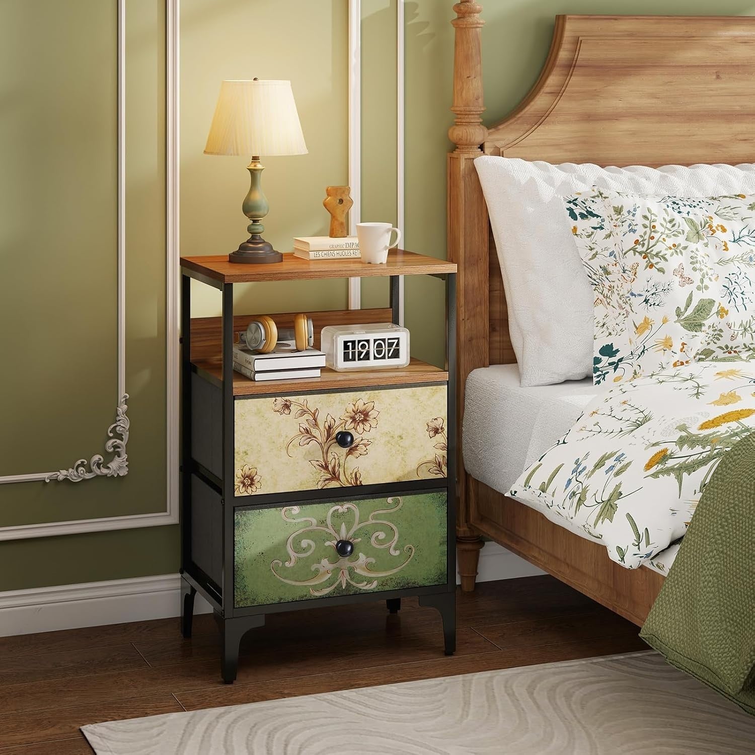 Set of 2 Vintage Bedside Tables – Fabric Drawer Nightstands with Metal Frame