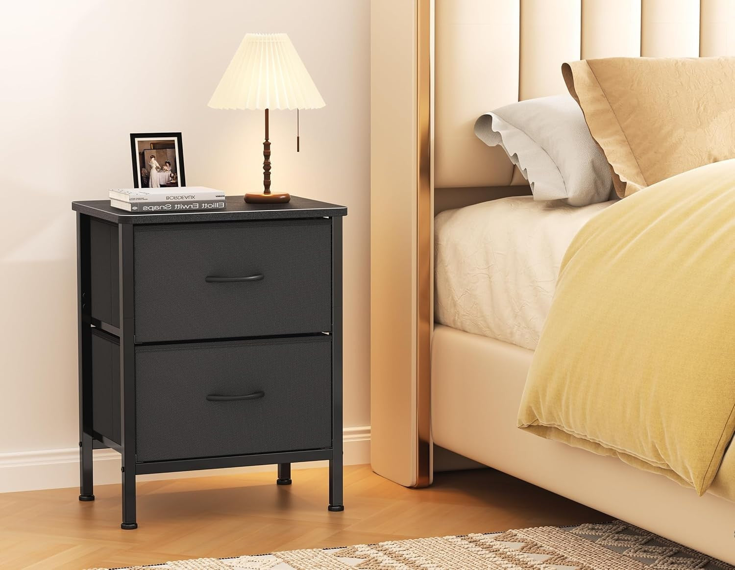 Set of 2 Black Bedside Tables with Fabric Drawers | Metal Frame Storage Cabinets
