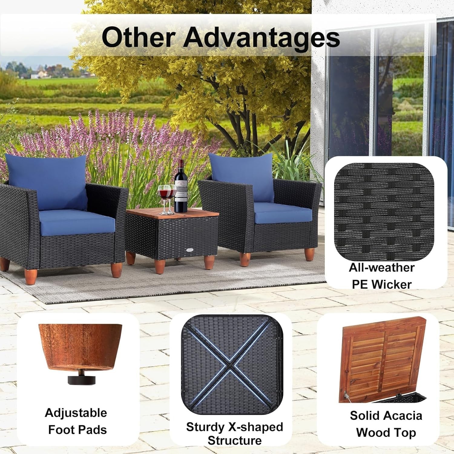 3 Piece Rattan Bistro Set with Storage Table Garden Patio Chairs Cushions