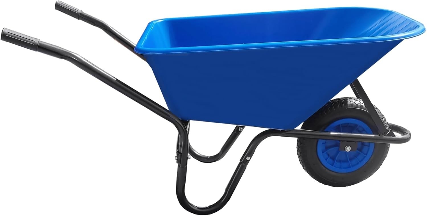 110L - Pneumatic Tyre Wheelbarrow - Blue - Plastic Tray, Steel Frame, 150kg Cap