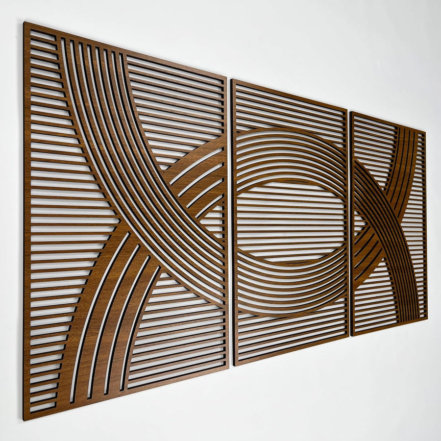 Large Wood Boho Wall Art Set of 3 Mid Century Panels